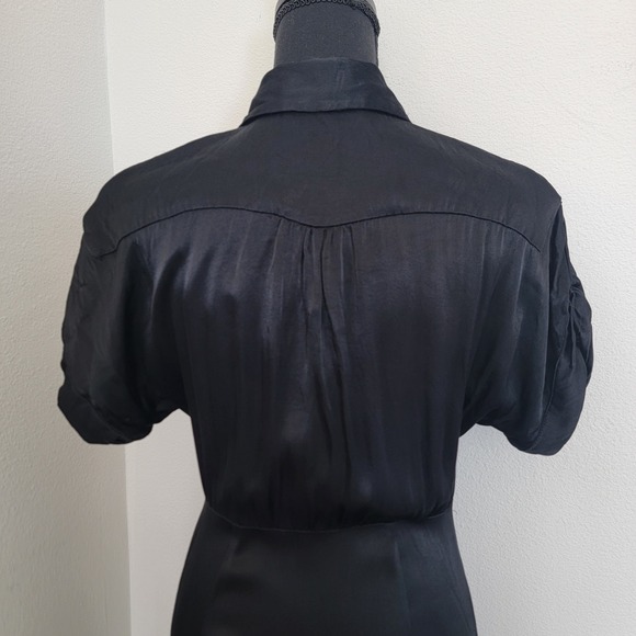 Mango Suit Black Midi Pearl Snap Button Up Collar Short Sleeve Satin Dress Small - Picture 6 of 16